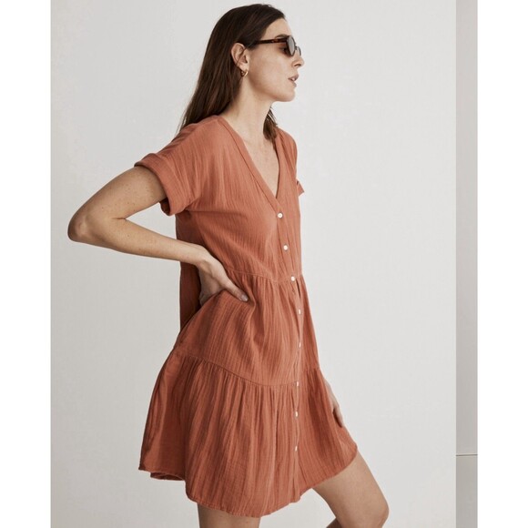 Madewell Lightspun Cuff Sleeve Button Front Tiered Dress Orange V Neck Medium - Picture 4 of 14
